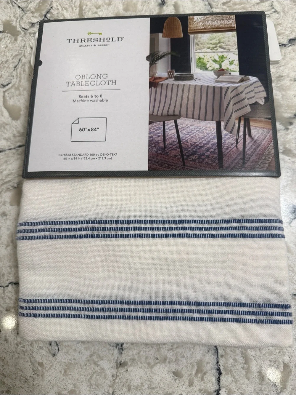 Threshold White Ivory and Blue Striped Tablecloth Oblong, Size 60x84, NWT